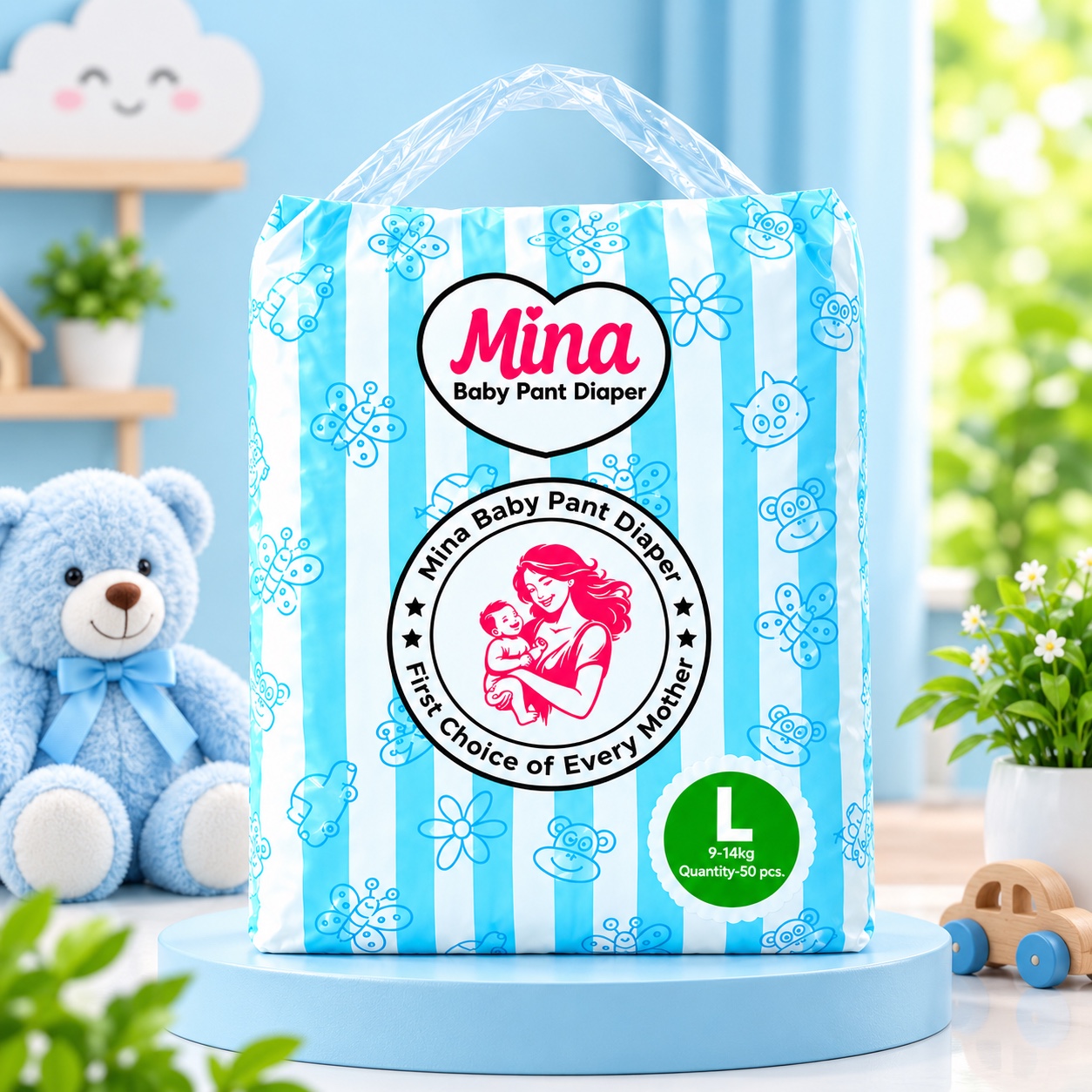 Mina Pant Diaper Large (L) 50 Pcs Pack For Kids, Dryness,Safety & Comfort.